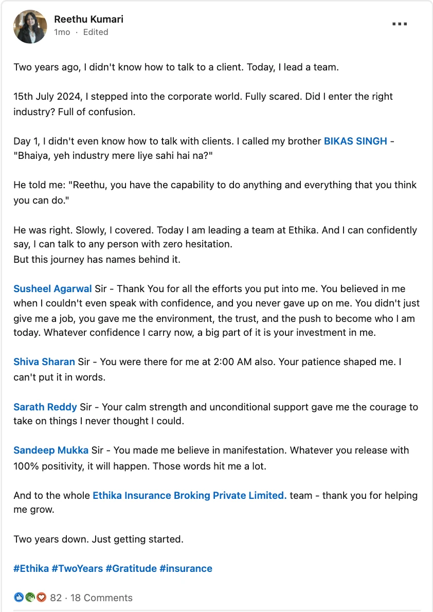 Reethu Kumari's LinkedIn post marking two years at Ethika, in her own words.