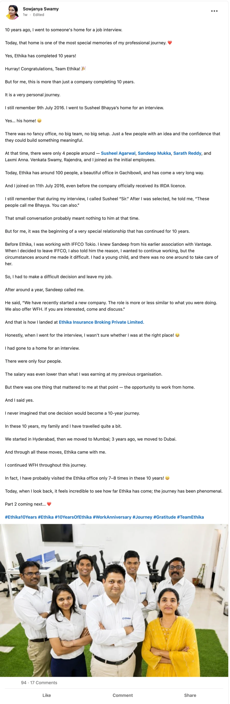 Sowjanya Swamy's LinkedIn post, part 1 — ten years at Ethika, in her own words.