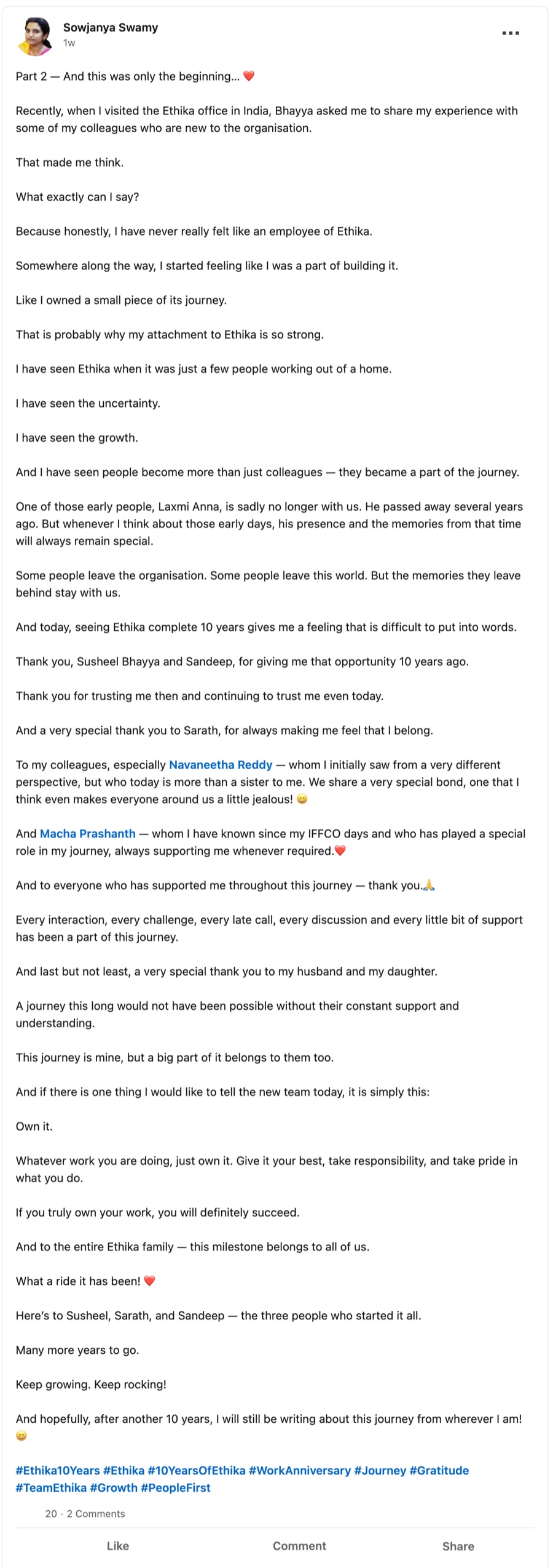 Sowjanya Swamy's LinkedIn post, part 2 — continued.