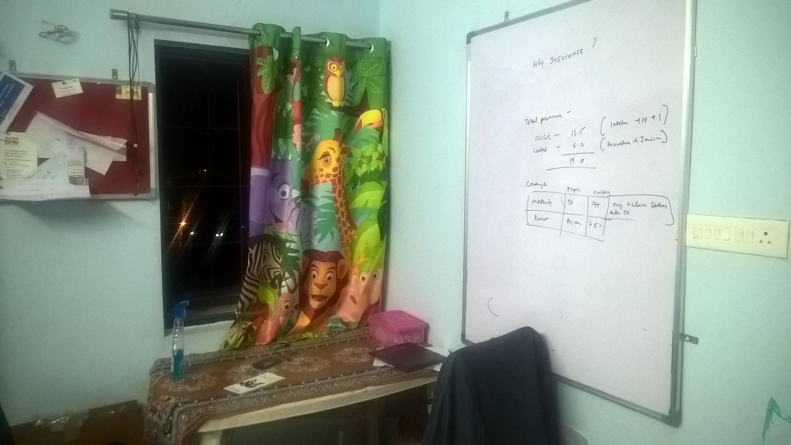 The Samarth apartment bedroom that was the whole office, with why insurance written on the whiteboard