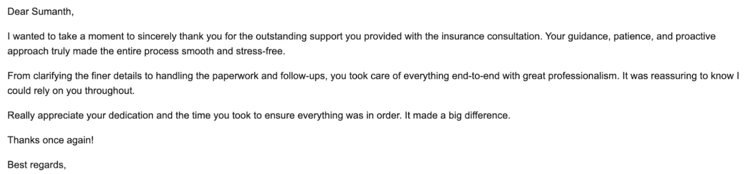 Client email thanking the Ethika team for end-to-end support
